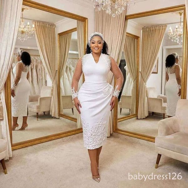 Customized V Neck Shinny Pearls Short Wedding Dress For Bride African Plus Size Illusion Full Sleeves Tea Length Bridal Gown ZD19