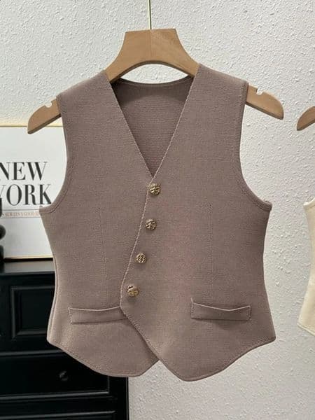 Summer Women Knitted VNeck Sleeveless Slim Vest 2026 Female Fashion Solid Single Breasted Tank Tops 260320