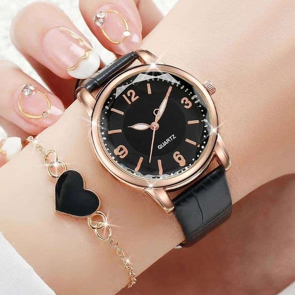 2PCS/Set Women's Casual Arabic Dial Leather Band Quartz Watch Heart Bracelet SetWithout Box