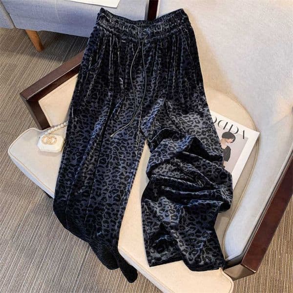 Velvet Leopard Print Wide-Leg Pants for Women New Autumn and Winter Style Loose and Draped Straight-Leg Drawstring Casual Floor-Length Pants L251217IM91