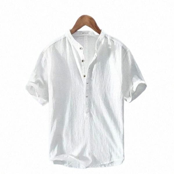 men's Casual Shirts Cotton And Linen Shirt High-end Loose Short Sleeves Half-open Button Henry Collar Breathable Inch Trendy 95dQ#