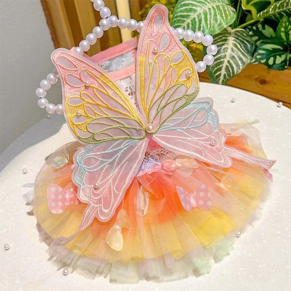 Dog Cat Summer Butterfly Princess Dress Clothes Mesh Lace Pearl Puppy Wedding Skirt For York Chihuahua Poodle Small Dog Dresses 260318