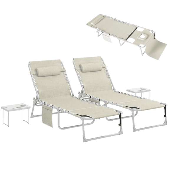 Tanning Chair Set of 2 with Face Hole and Side Table 5-Position Folding Outdoor Chaise Lounge Chair Beige
