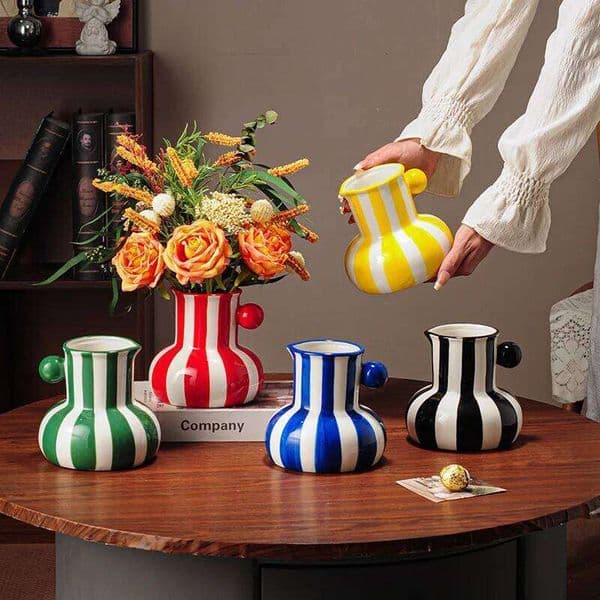 Ceramic Stripes Arrangement Chinese Retro Porcelain Bottle Flower Vase Home Decoration Accessories 26W0320