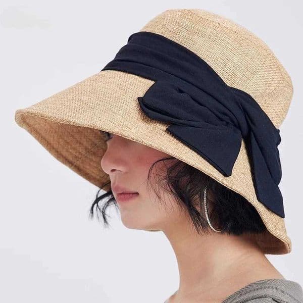 USPOP Elegant Wide Brim Cotton Linen Bucket Hat for Women Summer Sun Hat with Bow Foldable UV Protection Beach Hat D260320