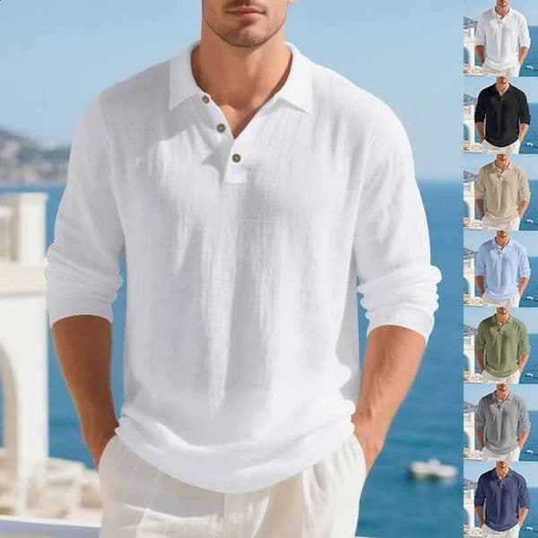 2025 crossborder spring and autumn linen mens longsleeved polo shirt American loose light heavy tshirt 260319
