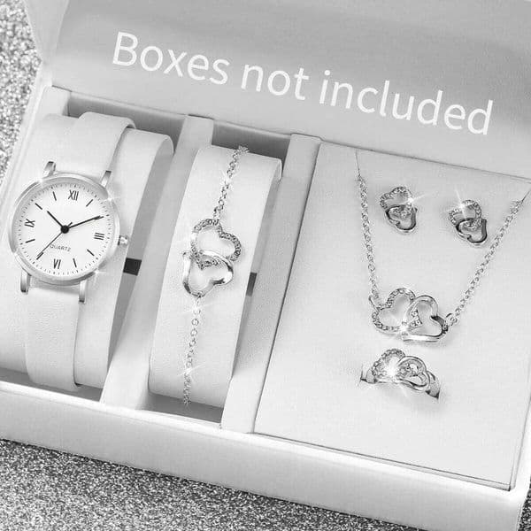 6PCS/Set Women's Watch Fashion Roma Dial Leather Band Quartz Watches Heart Jewelry SetWithout Box