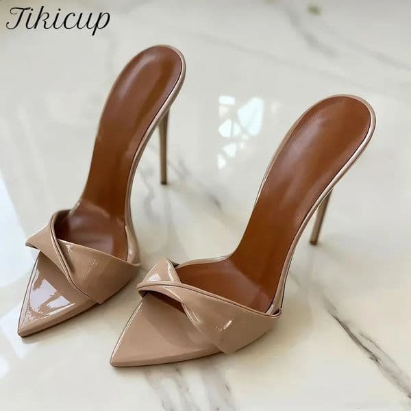 Arrival Womens Slippers Nude Patent Leather Pointed Toe Stiletto Mules Elegant High Heel Slides for Party Catwalk Shoes 260319