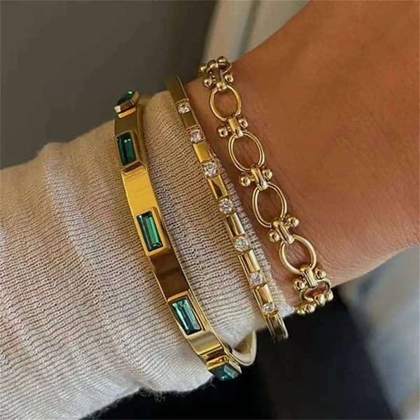 1 Pc Personality 18K Gold Plated Stainless Steel Cubic Zircon Bracelet for Women Waterproof Fashion Jewelry Gift 26W0320