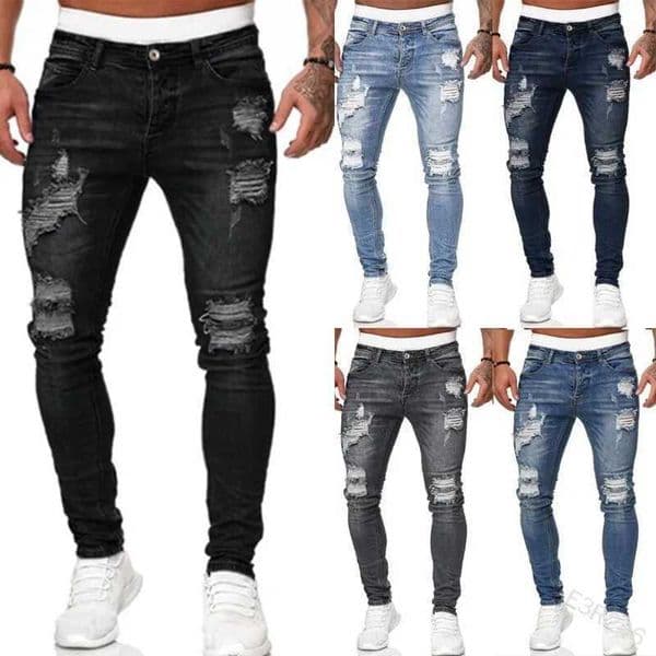 Men Fashion Street Style Ripped Skinny Jeans Men Vintage Wash Solid Denim Trouser Mens Casual Slim Fit Pencil Denim Pants 4XL D260320