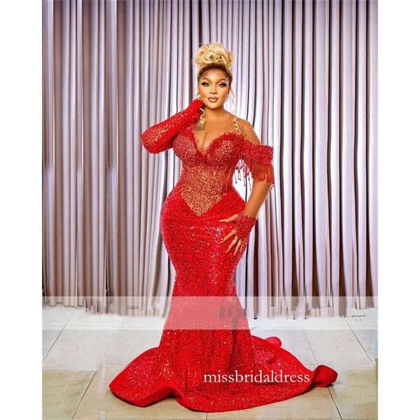 Red Crystal Mermaid Evening Dress 2023 Sheer Neck Long Sleeves Plus Size African Prom Party Gowns 322 B0320