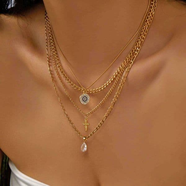 Classic Micro Zircon Turkish Lucky Evil Eyes Pendant Necklace for Women Sun Cross Flower Multilayer Metal Chain Choker Jewelry 26W0320