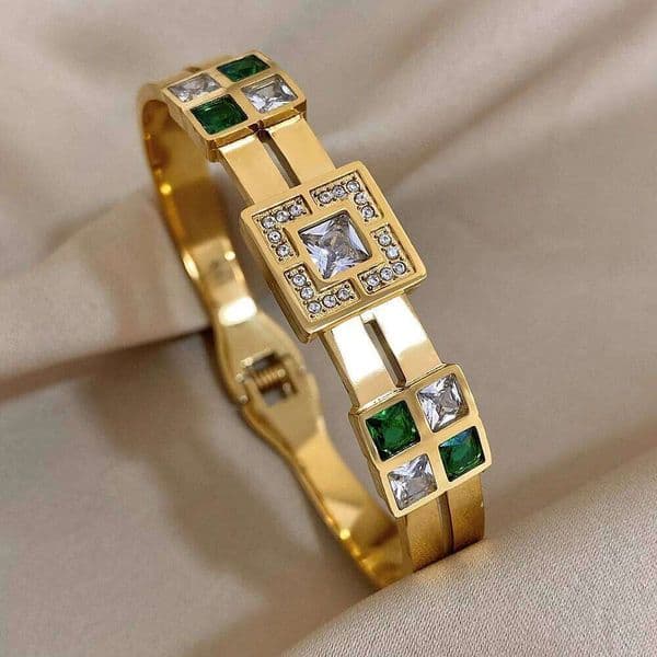 Luxury Royal Emerald Green White Zircon Stainless Steel Bangle Cuff Bracelet Italian Charm Large CZ Waterproof Bangles Jewelry 26W0320