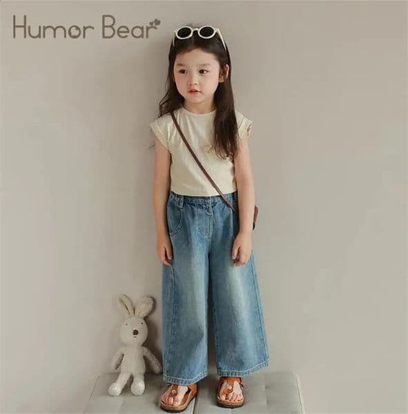 Humor Bear Girls Jeans Kids Clothing Summer Baggy Multi-pocket Elastic-waisted Long Jeans Wide-leg Pants Girls Pants 260312