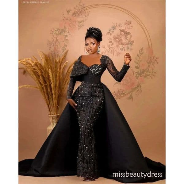 NEW Luxury Aso Ebi Black Mermaid Evening Dresses With Overskirt For African Women Long Sleeves Formal Beaded Prom Party Gowns D31 ZD10