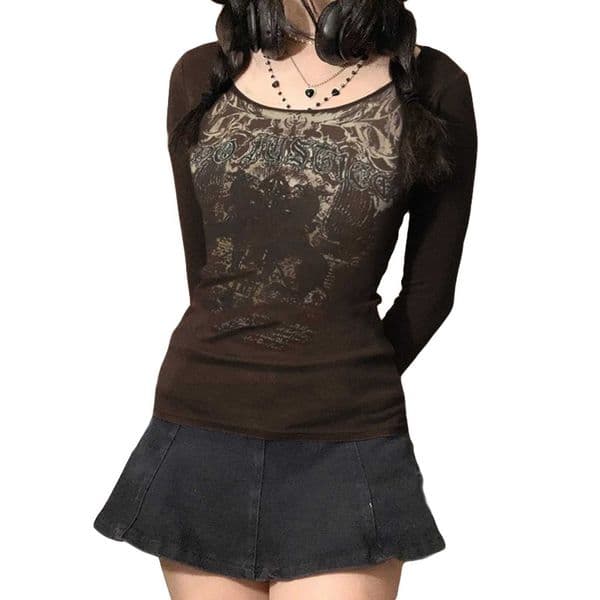 Women Autumn Casual Lace Tops Long Sve Scoop Neck Solid Color Casual Party Street Fall Spring Y2K Brown Tops L251220