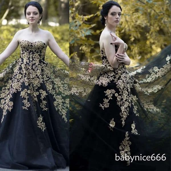 Cheap Gothic Black Wedding Dresses A Line Sweetheart Gold Champagne Lace Appliques Beads Floor Length Tulle Formal Plus Size Bridal Gowns 403