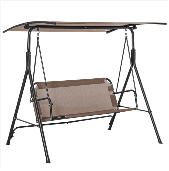 2-Seater Patio Swing Chair Outdoor Adjustable Canopy Porch Swing with Armrests Texeline Fabric and Steel Frame Brown