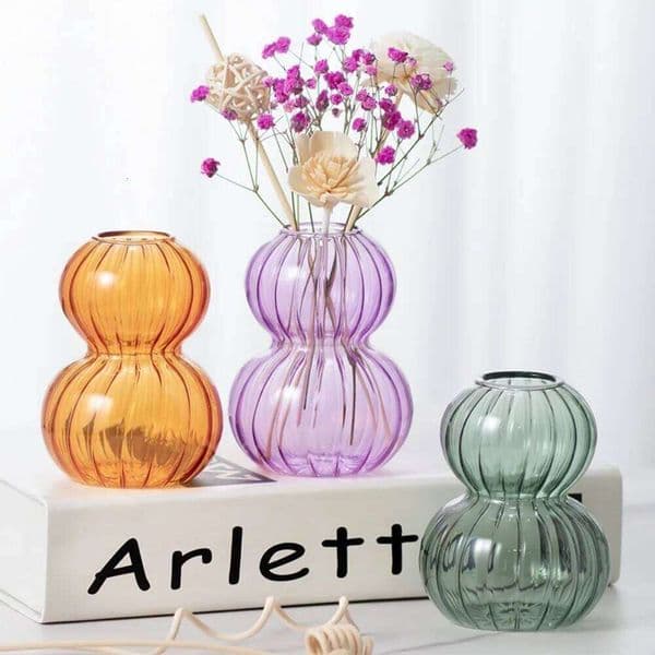 Nordic Style Vertical Striped Gourd Shaped Transparent Glass Vase Desktop Home Office Decoration Housewarming Gift 26W0320