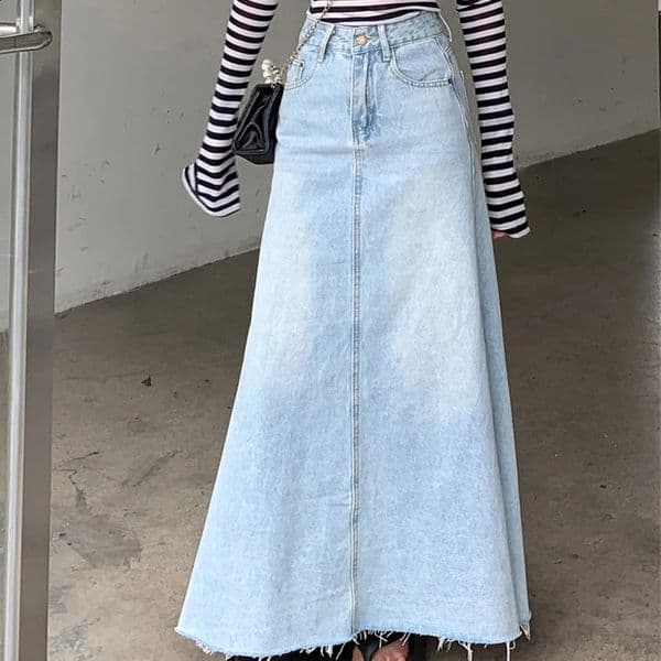 Autumn 2026 High Waist ALine Denim Skirt for Women Y2K Style with Raw Hem Flared Maxi Bodycon Trend Retro 260319