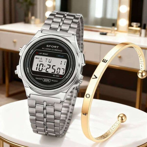2pcs/set Fashion Women Watches with LOVE Bracelet Set Classic LED Digital Wristwatch Light Luxury Electronic Sports Clock Sets