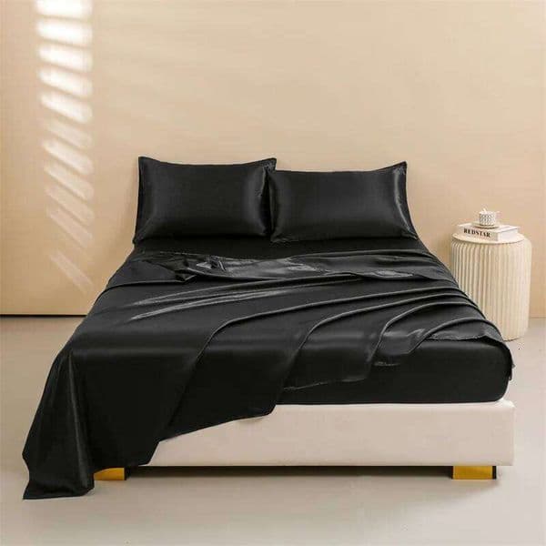 Satin Bed Sheets, Queen Size Sheets Set, 4 Pcs Silky Bedding Set Deep Pocket Fitted 1 Flat Sheet + 2 Pillowcases 26Y0320