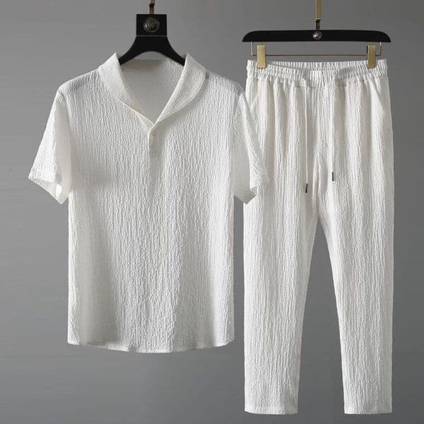 Pleated Casual Sports Suit For Men Lightweight Breathable Stylish With Designer Hoodie A Turn-down Collar Designer T-shirt Polo Short Sleeves Long Pants Two-piece