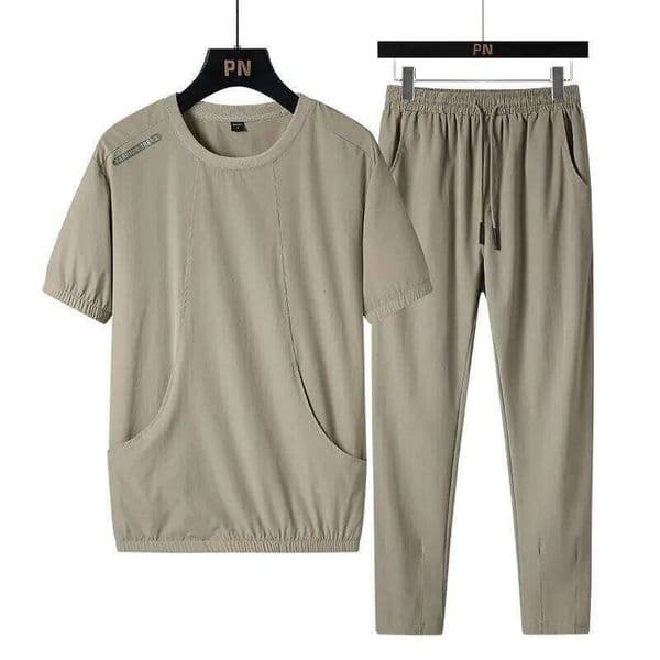 Summer New Fashion Solid Color Ice Silk Breathable Short Sleeve Pant Suit Men's Casual Loose Sports Large Size Two-Piece Set