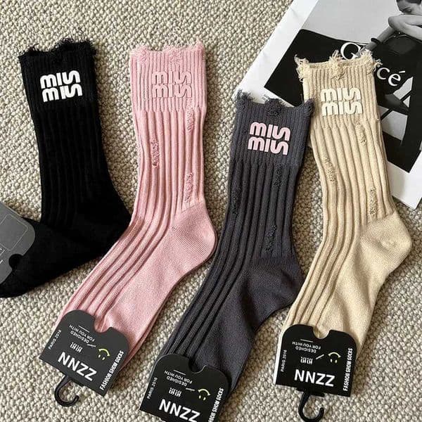 1pair Women Socks Keep Warm Mid-Tube Socks Solid Cotton Socks Striped Double-needle Socks L260320