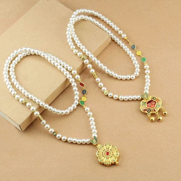 Retro New Chinese Round Pendant Imitation Pearl Long Necklace for Women, Ancient National Style Sweater Chain, Light Luxury Cheongsam Accessory Wholesale ddmynov