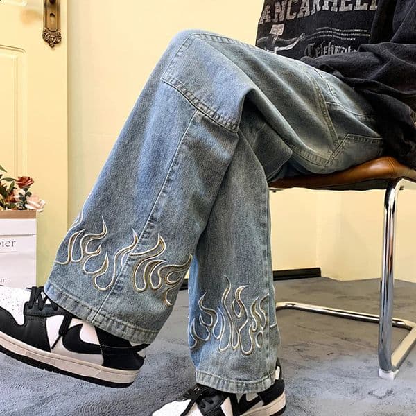 Y2K Vintage Flame Printed Jeans For Men Baggy Streetwear Wide Leg Denim Trousers 2026 Hip Hop Fashion Straight Pantalones 260319