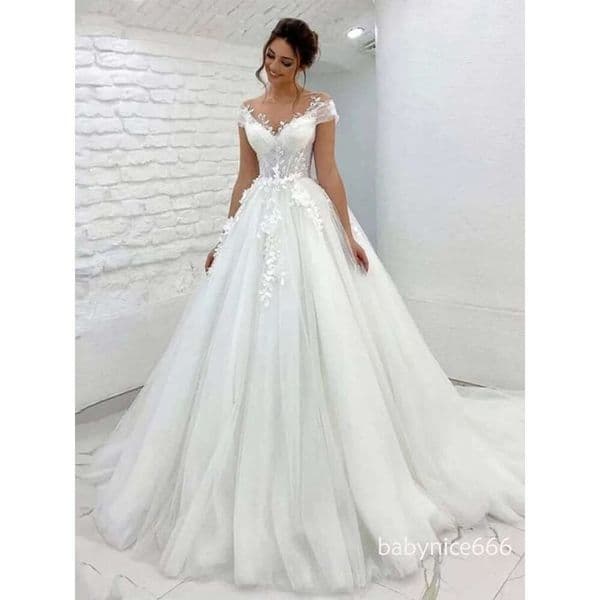 Elegant Ivory Tulle Wedding Dresses Princess A Line Bridal Gowns Sheer Neck Cap Short Sleeves Lace Floral Appliques Bride Dress Back Buttons Robe De Mariage N17