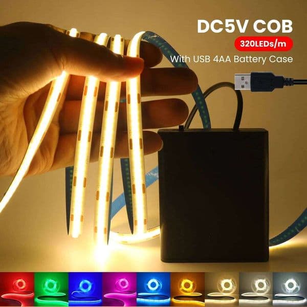 USB 5V COB Strip with 4AA Battery Flexible LED 320LEDs High Density Linear Light Adhesive Tape Cabinet Backlight 26H0320