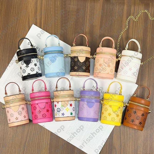 Mini Cylinder Crossbody Bag Monogram PU Leather Bucket Bag With Top Handle Gold Chain Strap Compact Purse For Daily Essentials Accessories DSD26032013
