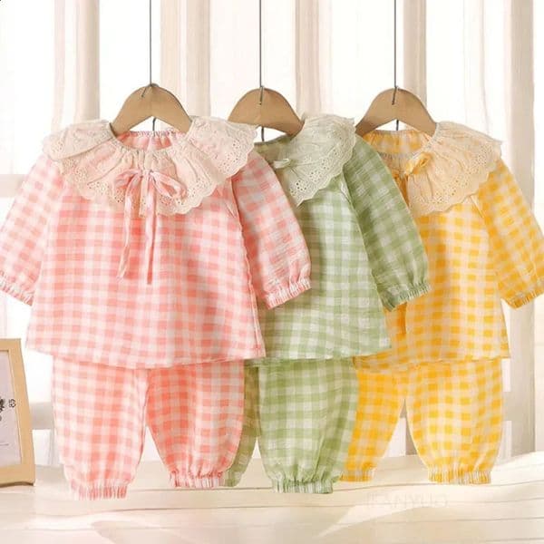 Girls Lace Round Neck Bow Home Suit Set Spring Summer Breathable Princess Baby Pajamas Sleepwear Cute Loose Childrens Clothing 260320