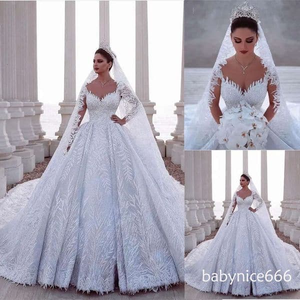 Arabic Princess Ball Gown Wedding Dress Dubai V Neck Sequins Lace Appliques Beaded Ruffles Bridal Gowns 4F04