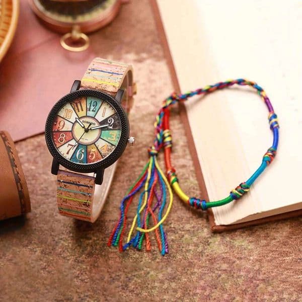 2PCS/Set Women's Vintage Leather Band Analog Quartz Watch Rope Bracelet Set
