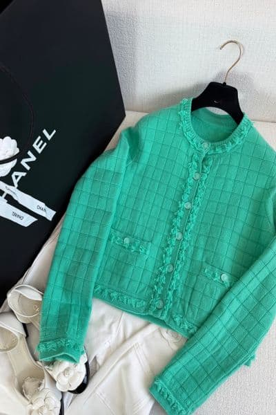 26 Spring/Summer Collection 3D plaid fringed single breasted round neck cardigan