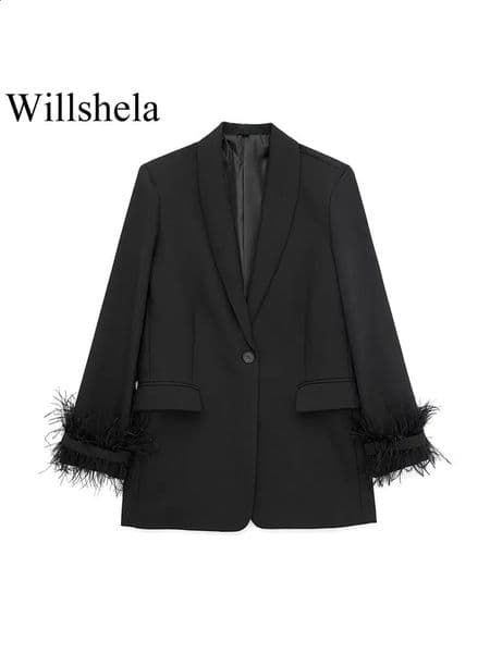 Willshela Women Fashion Satin Black With Feather Blazer Jacket Vintage Notched Neck Single Button Long Sleeves Female Outfits 260319