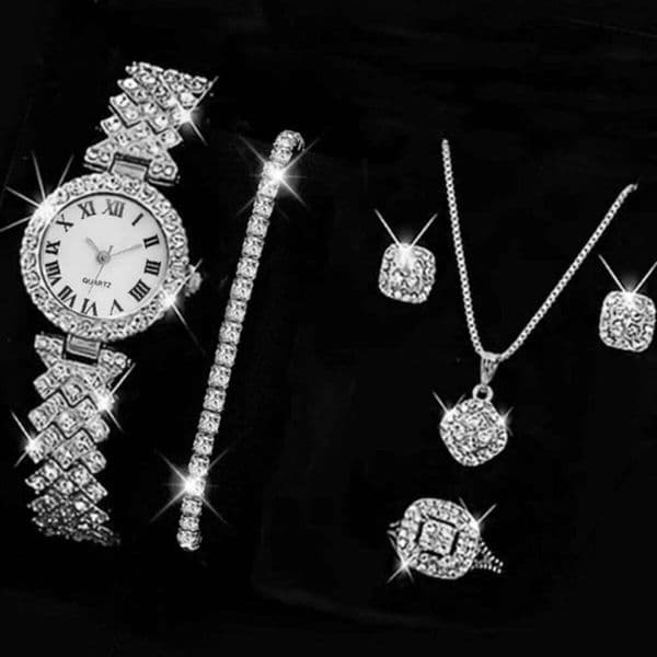 1 women's Roman alloy diamond quartz watch set with 5 pcs of accessories for women