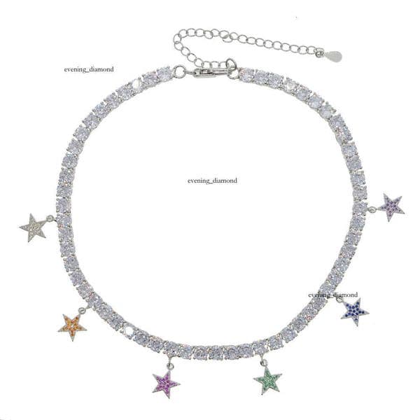 Hip Hop women's new tennis chain necklace with 5mm Moissanite inlaid colorful pentagram pendant jewelry