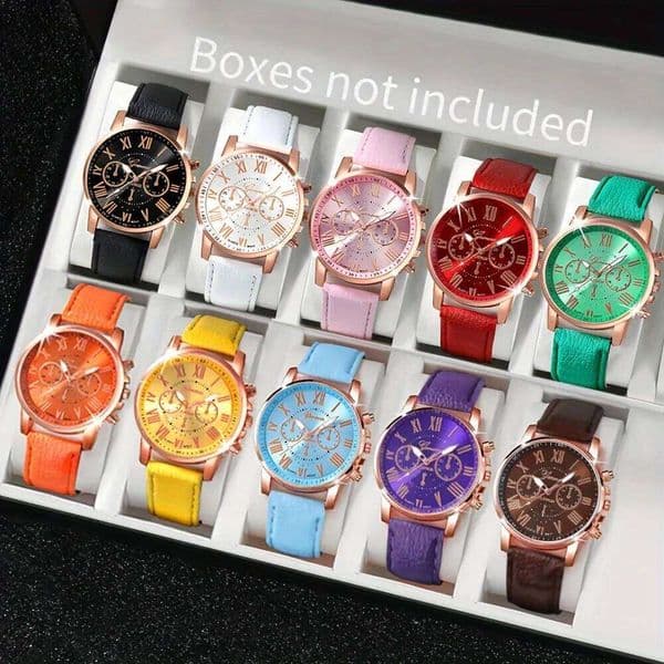 Fashion 10 piece quartz watch set for men and women - round zinc alloy case, PU leather strap
