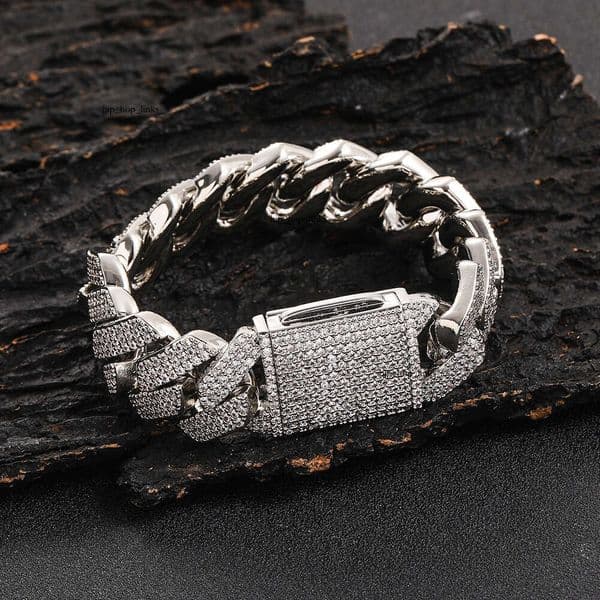 Jewelry Hip Hop 20mm Flip Clasp Three Rows Moissanite Rhombus Cuban Chain Thick Men's Bracelet Jewelry Wholesale