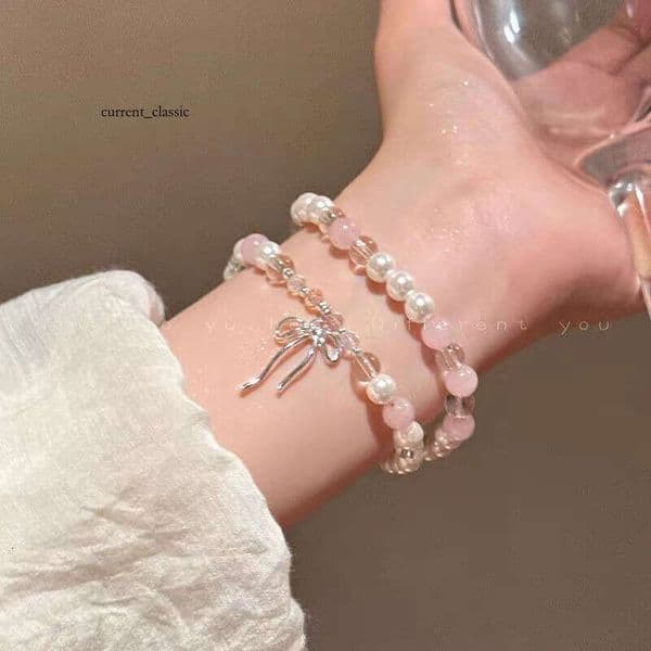 Korean INS Niche Pink Beaded Bow Double Layer for Women 2025 New Elastic Cord Bracelet Accessories