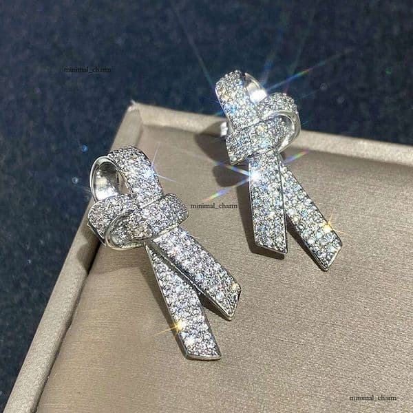 stylish elegant micro-inlaid Moissanite earrings bow tie design for women trendy and popular shiny earrings