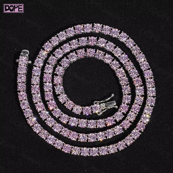 4mm Iced Out Hiphop Pink Moissanite Tennis Necklace 925 Sterling Silver Sparkling Moissanite Tennis Chain