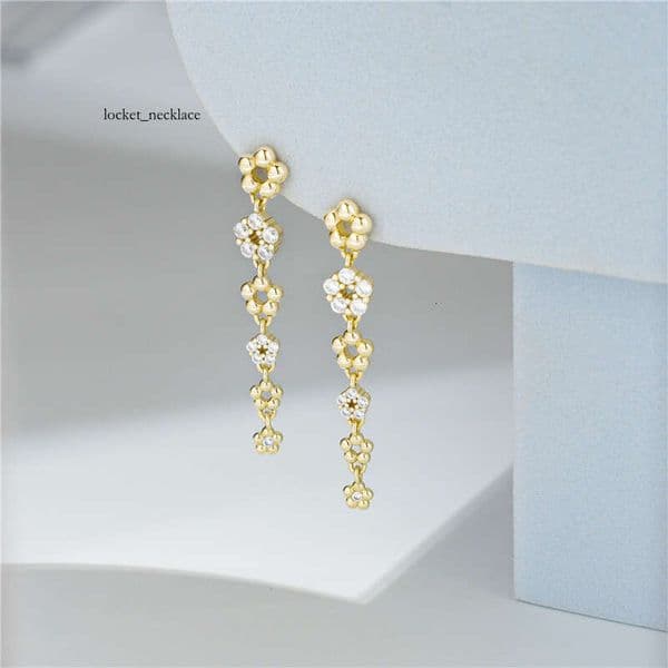 Original 925 Silver Stud Earrings with Linear Flower Design 14K Plated gold Earring Accessories