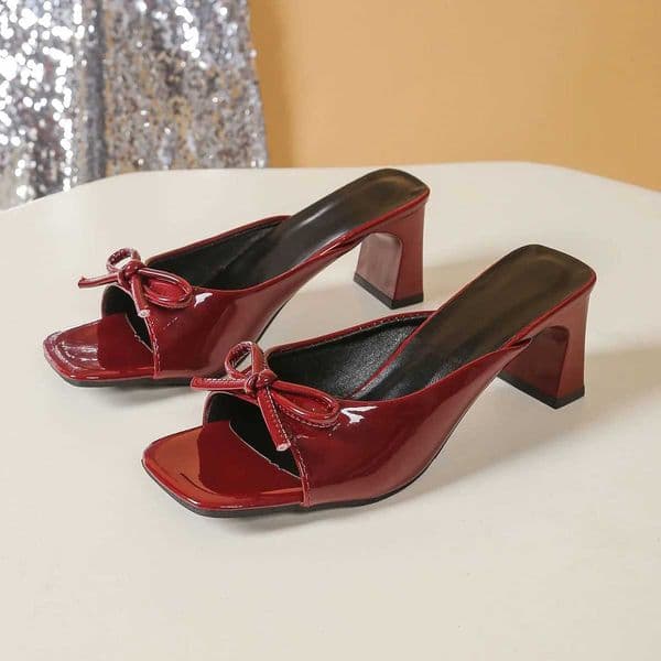 2025NewComfortable Low Heel Square Head Sandals Sweet Bow Silk Thick Heel Slippers for Ladies Outwear Red Slides Red heels Black Z260318