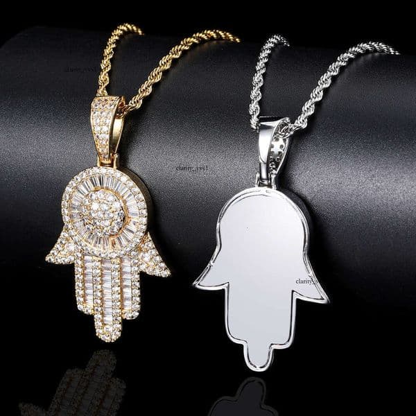 Jewelry Hip Hop Micro Pave Moissanite Large Palm Real Gold Plated Vintage Fatima's Hand Hiphop Pendant