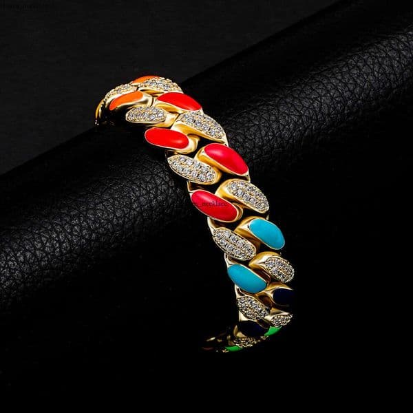 Hip Hop Hot Sale Colorful Cool Oil Drop Full Moissanite Spring Buckle Solid Cuban Bracelet INS Trendy Men's Jewelry thumbnail 2